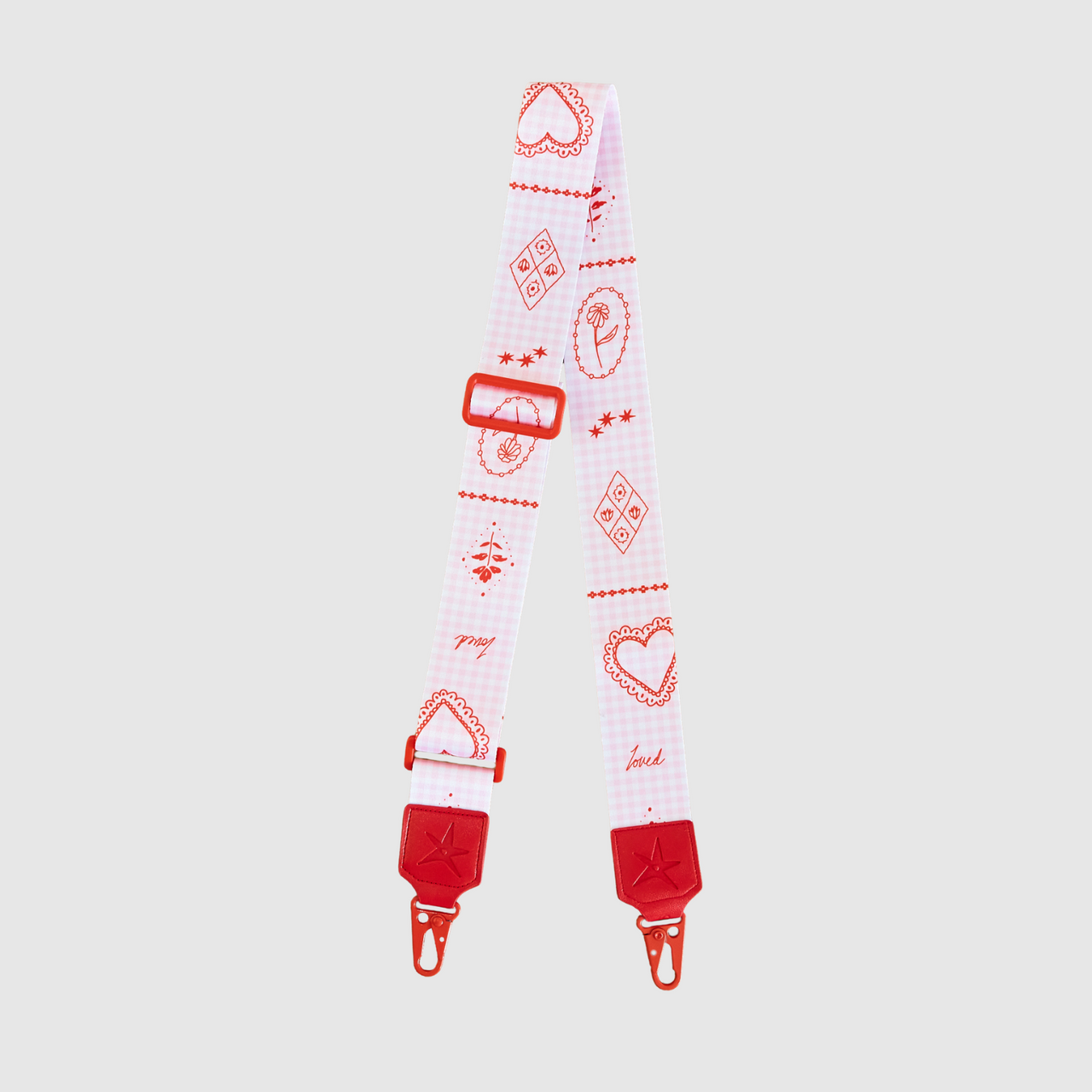 "LOVED" Red and Pink Gingham Bag Strap / Camera Strap