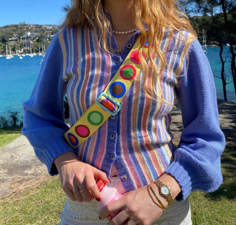 Close-up of TRAFFIC LIGHT Strappi strap showing multi-colour pattern detail